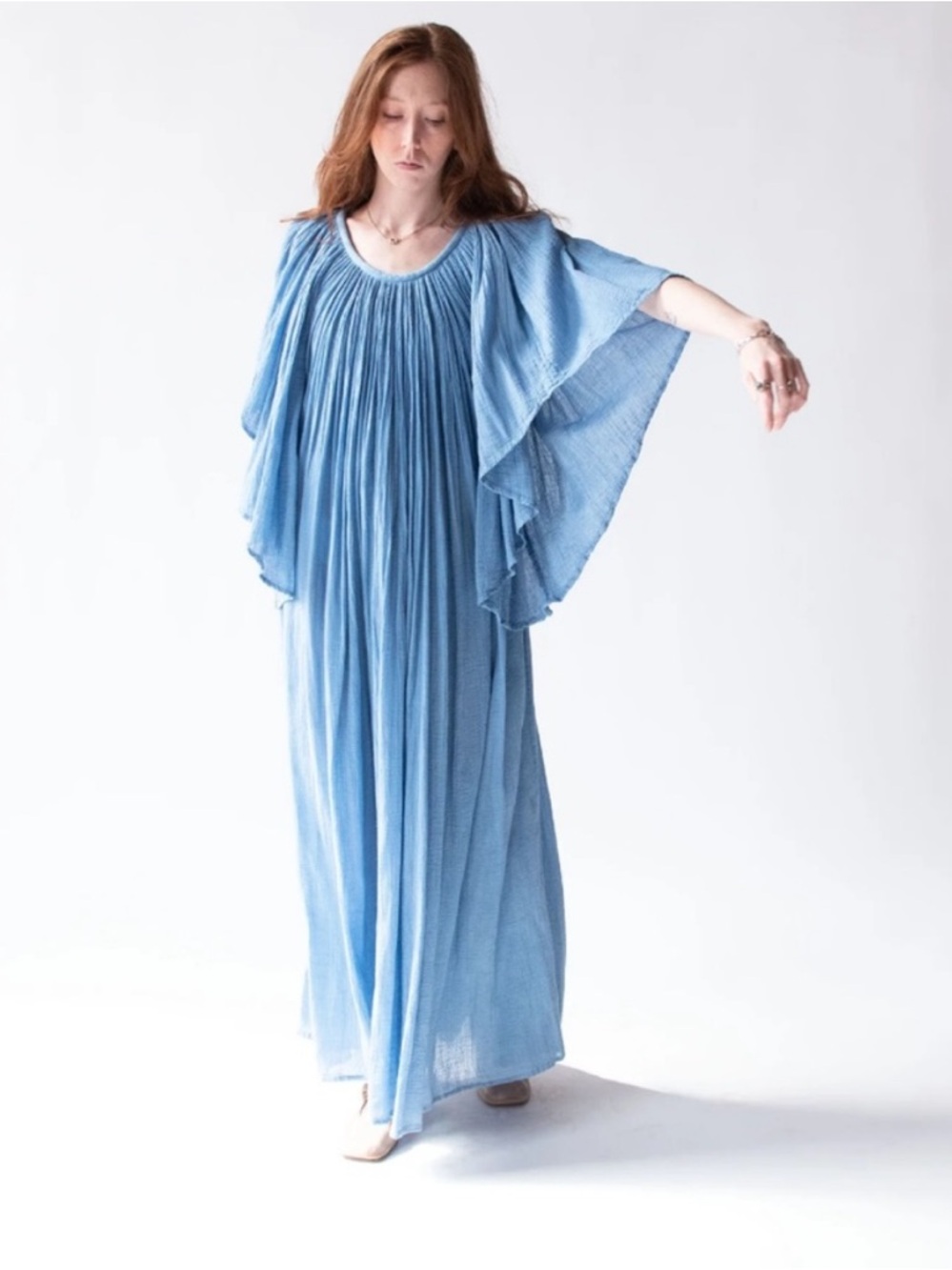 Amerikan Climax vintage 70s Gauze Maxi Dress Turquoise Angel Sleeve Boho Goddess